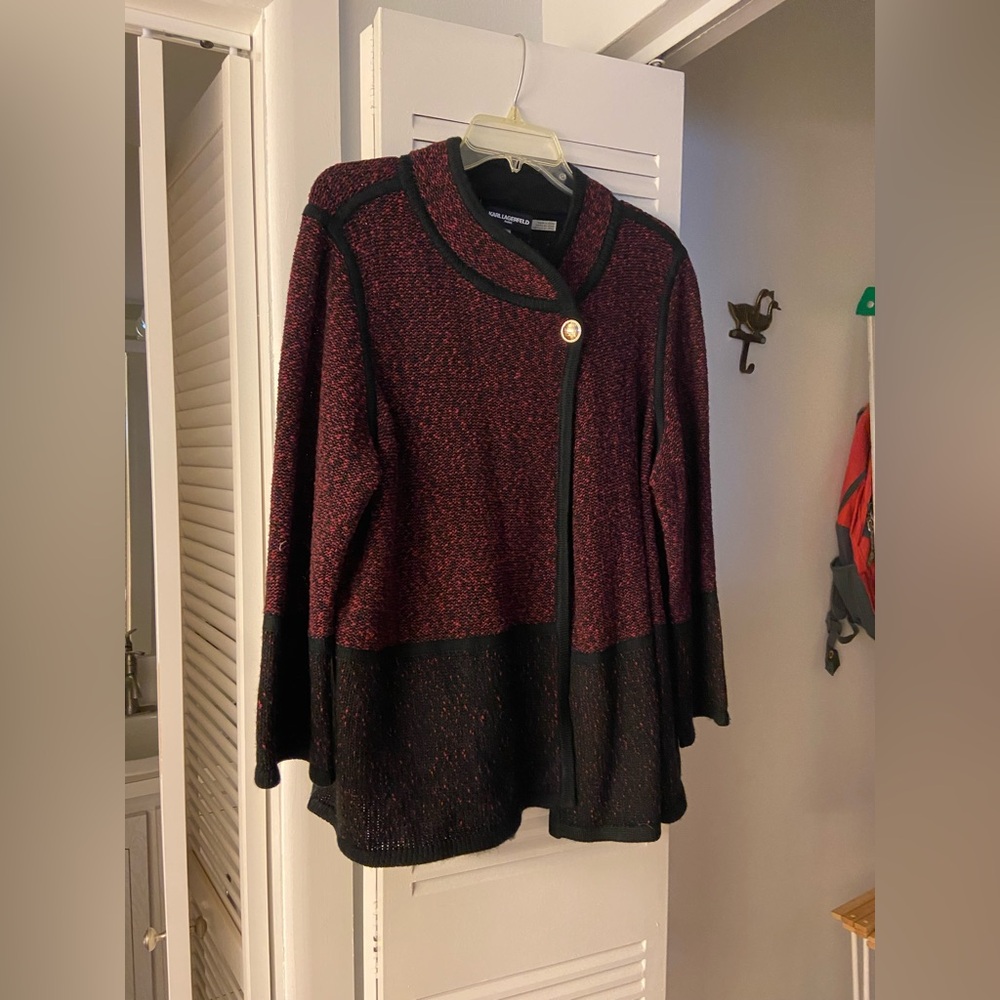 Karl Lagerfeld Two-Tone Marled Cardigan Sweater - Burgundy & Black